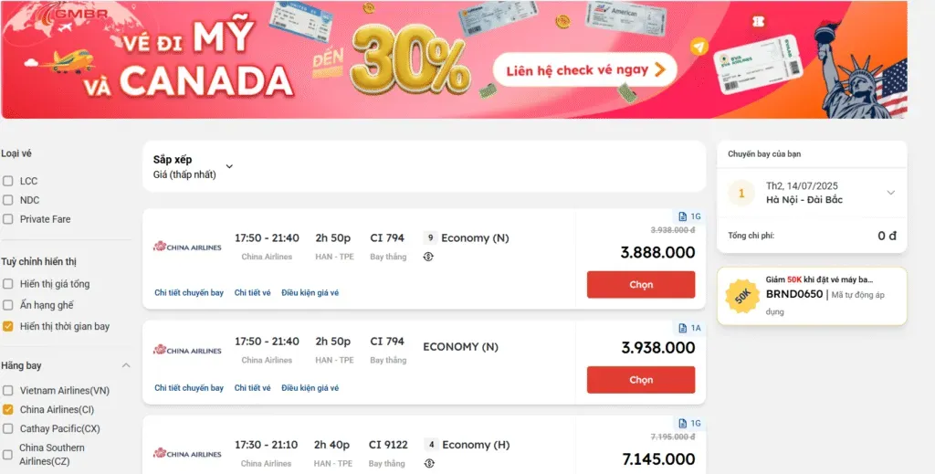 Giá vé máy bay China Airline