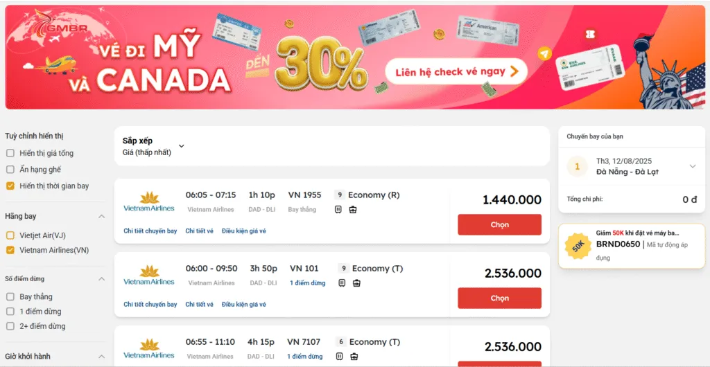 Giá vé máy bay Đà Nẵng đi Đà Lạt
