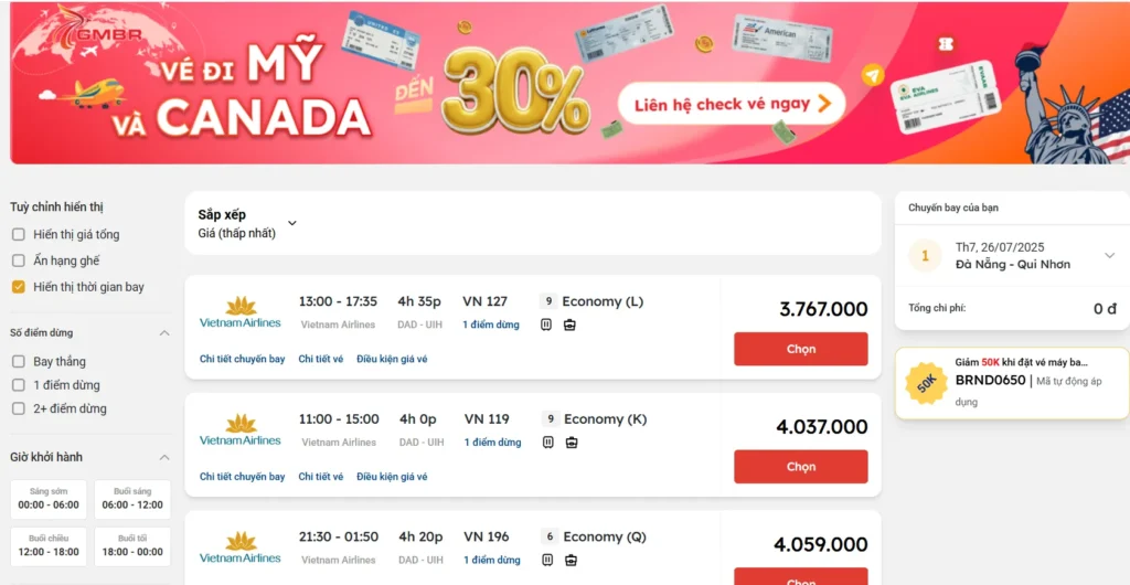 Giá vé máy bay từ Đà Nẵng đi Quy Nhơn