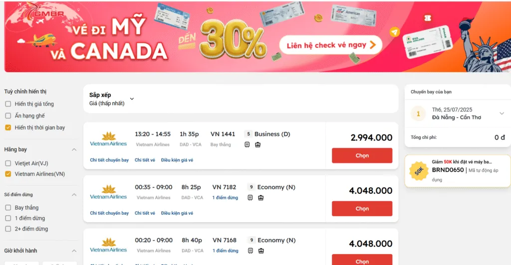 Vé máy bay từ Đà Nẵng đi Cần Thơ