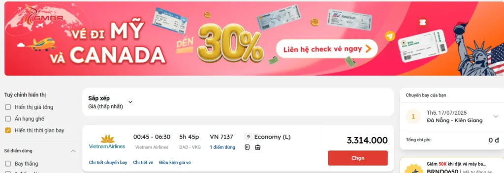 Giá vé máy bay từ Đà Nẵng đi Rạch Giá