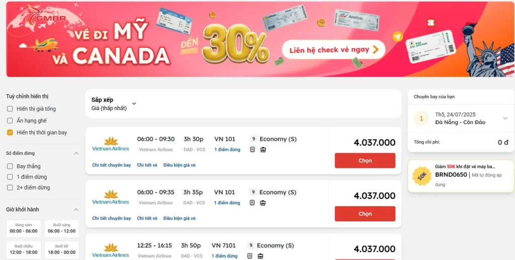 Giá vé máy bay từ Đà Nẵng đi Côn Đảo