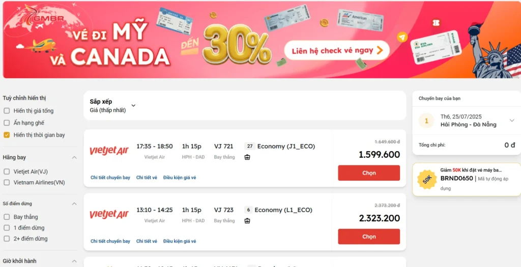 Giá vé máy bay từ Hải Phòng đi Đà Nẵng