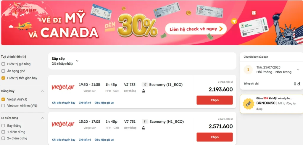 Giá vé máy bay từ Hải Phòng đi Nha Trang