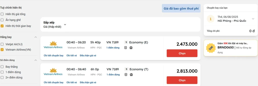 Giá vé máy bay từ Hải Phòng đi Phú Quốc