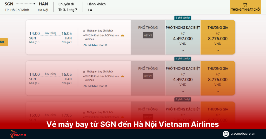 Giá vé máy bay từ TP Hồ Chí Minh đi Hà Nội của hãng bay Vietnam Airlines