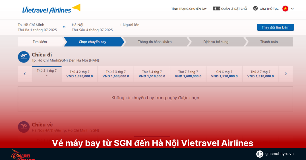 Giá vé máy bay từ SGN đến Hà Nội của Vietravel Airlines