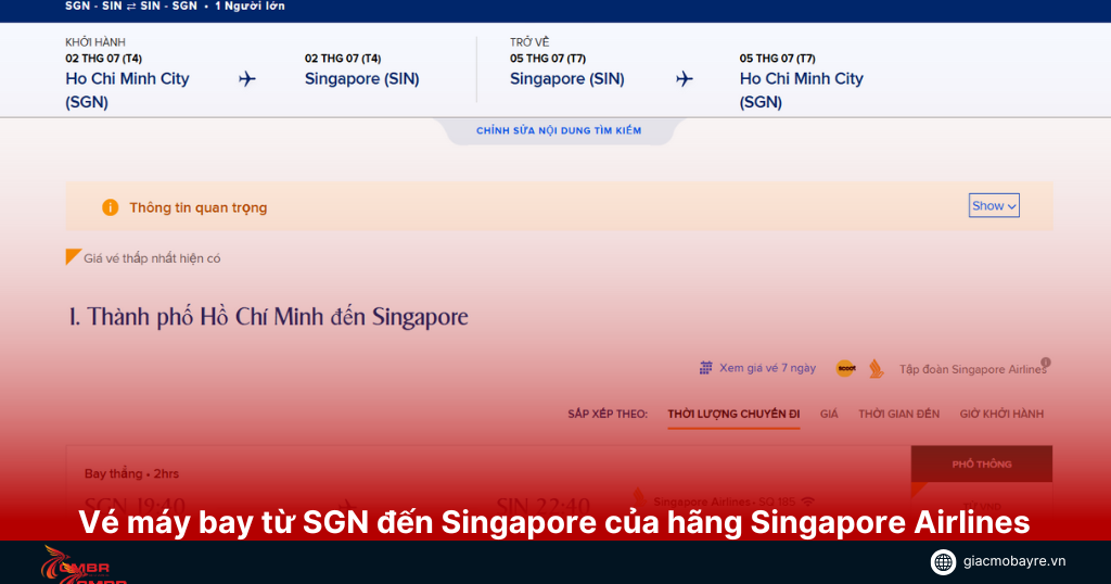 Giá vé máy bay từ Sài Gòn đi Singapore của hãng bay Singapore Airlines