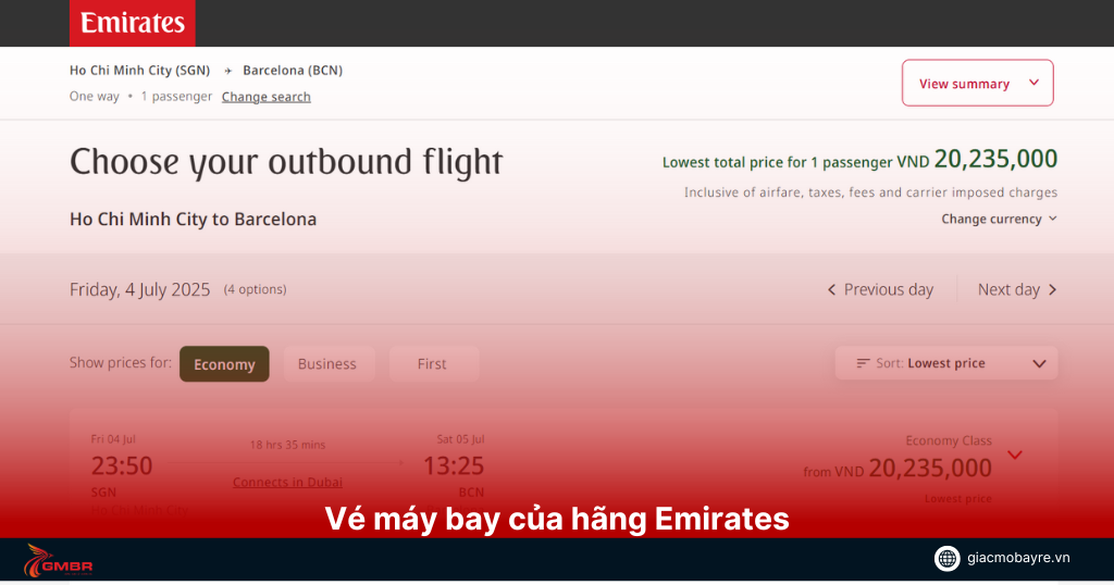 Giá vé máy bay của hãng Emirates
