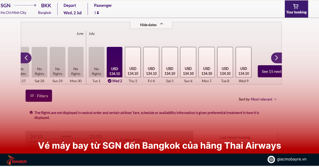 Giá vé máy bay từ Sài Gòn đến Bangkok của hãng Thai Airways