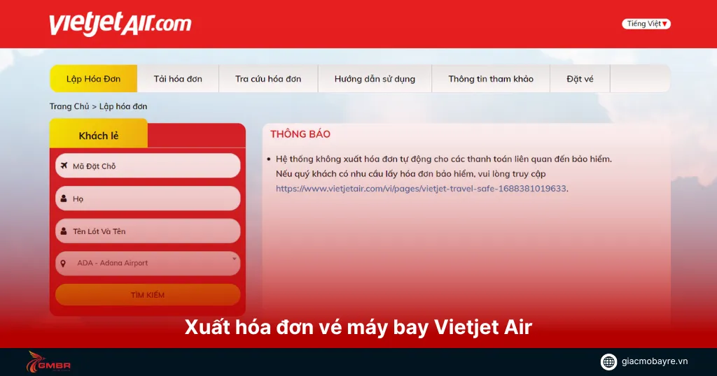 Xuất hóa đơn vé máy bay Vietjet Air