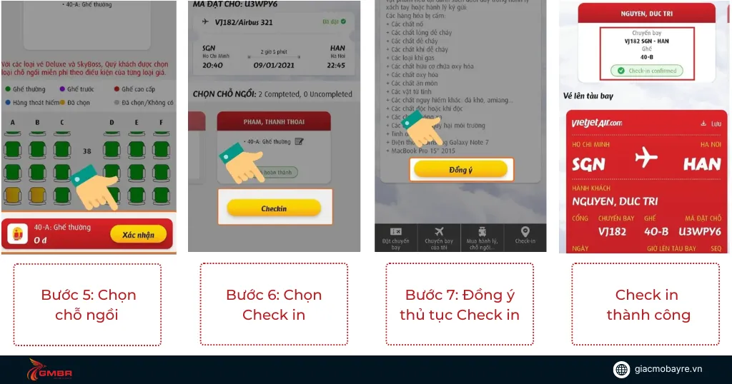 Chọn chỗ ngồi và tiếp tục các bước check in vé máy bay vietjet