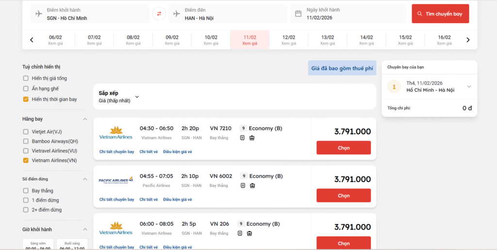 Vé máy bay ngày 24 tết: Giá vé Vietnam Airlines, Vietjet Air, Bamboo Airways & Vietravel Airlines 1 Giá vé máy bay ngày 24 tết của Vietnam Airlines chặng Hồ Chí Minh đi Hà Nội