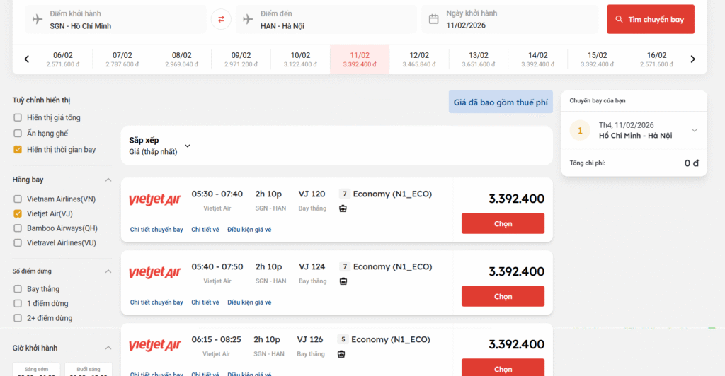 Vé máy bay ngày 24 tết: Giá vé Vietnam Airlines, Vietjet Air, Bamboo Airways & Vietravel Airlines 2 Giá vé máy bay ngày 24 tết của Vietjet Air chặng Hồ Chí Minh đi Hà Nội