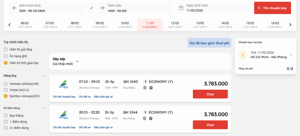 Vé máy bay ngày 24 tết: Giá vé Vietnam Airlines, Vietjet Air, Bamboo Airways & Vietravel Airlines 3 Giá vé máy bay ngày 24 tết của Bamboo Airways chặng Hồ Chí Minh đi Hà Nội