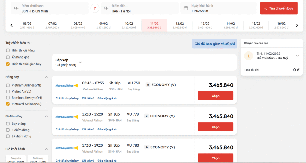 Vé máy bay ngày 24 tết: Giá vé Vietnam Airlines, Vietjet Air, Bamboo Airways & Vietravel Airlines 4 Giá vé máy bay ngày 24 tết của Vietravel Airlines chặng Hồ Chí Minh đi Hà Nội