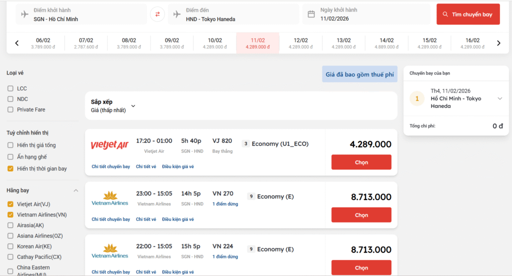 Vé máy bay ngày 24 tết: Giá vé Vietnam Airlines, Vietjet Air, Bamboo Airways & Vietravel Airlines 5 Giá vé máy bay ngày 24 tết của chặng quốc tế từ Hồ Chí Minh đến Tokyo