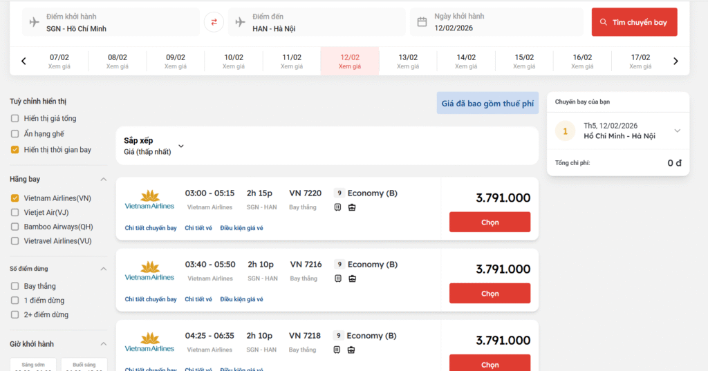 Giá vé máy bay ngày 25 Tết của Vietnam Airlines chặng Hồ Chí Minh đi Hà Nội