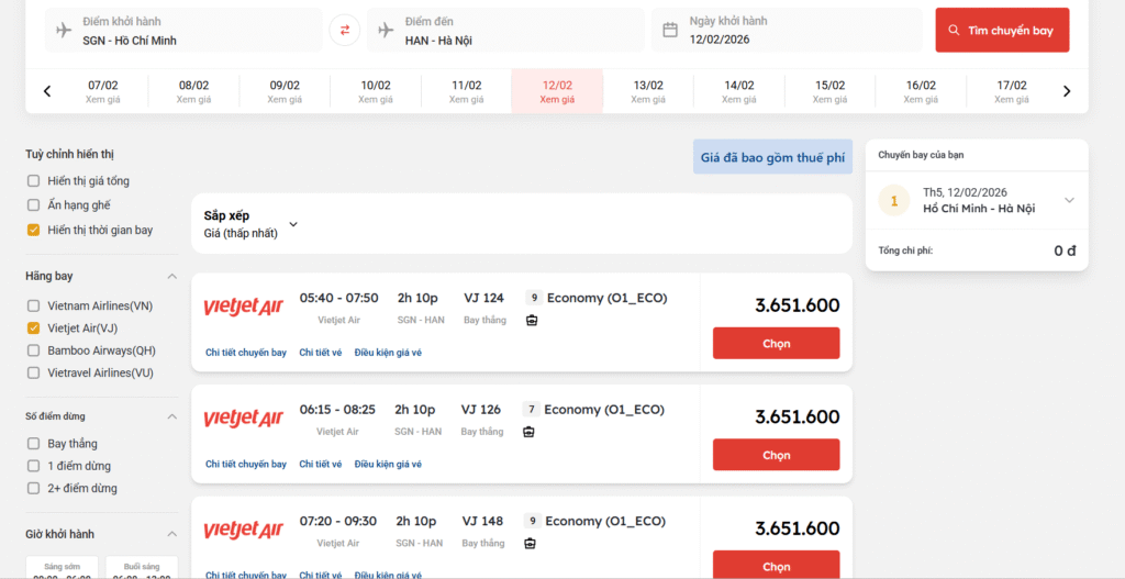 Giá vé máy bay ngày 25 Tết của Vietjet Air chặng Hồ Chí Minh đi Hà Nội