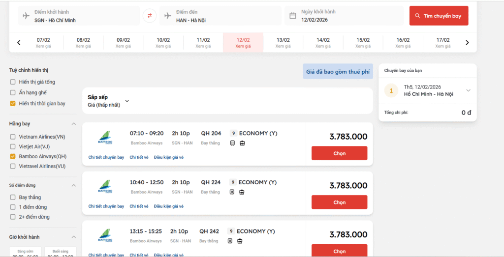 Giá vé máy bay ngày 25 Tết của Bamboo Airways chặng Hồ Chí Minh đi Hà Nội