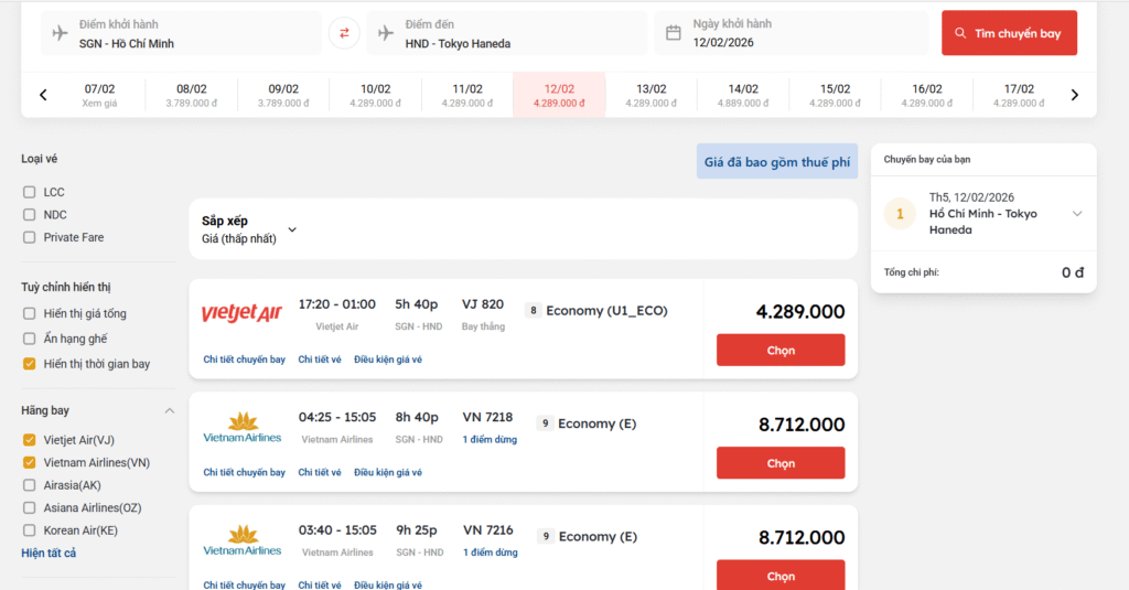 Giá vé máy bay ngày 25 Tết của Chặng Quốc Tế từ Hồ Chí Minh đến Tokyo