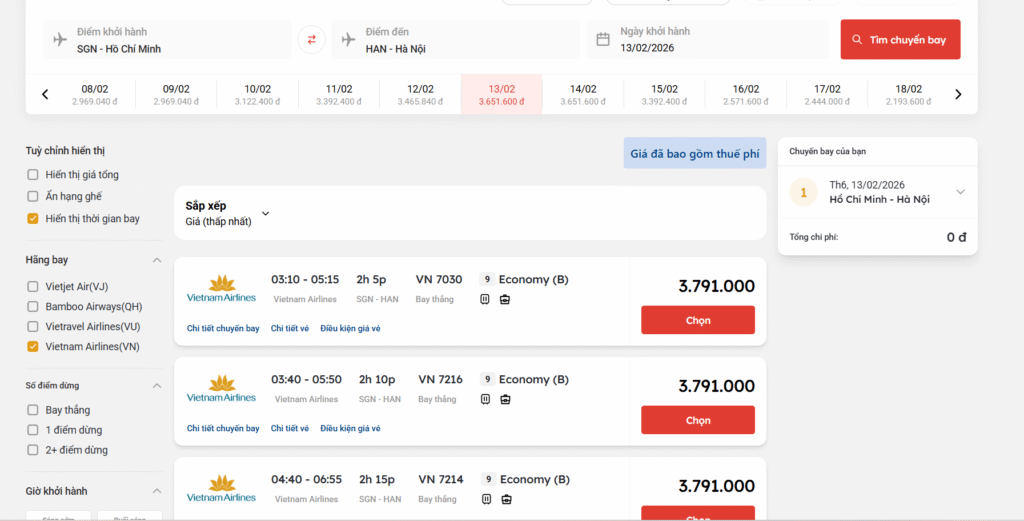 Giá vé máy bay ngày 26 Tết của Vietnam Airlines chặng Hồ Chí Minh đi Hà Nội