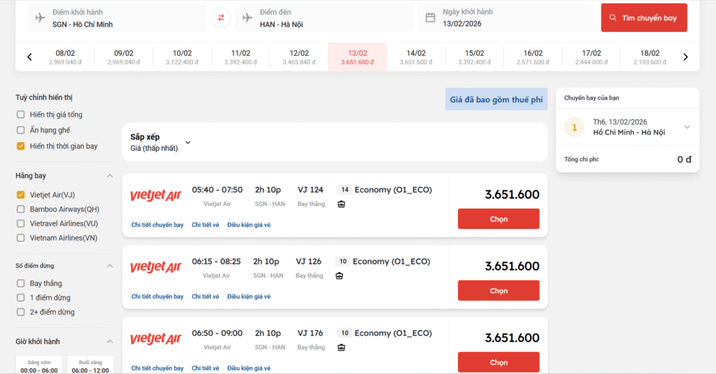 Giá vé máy bay ngày 26 Tết của Vietjet Air chặng Hồ Chí Minh đi Hà Nội