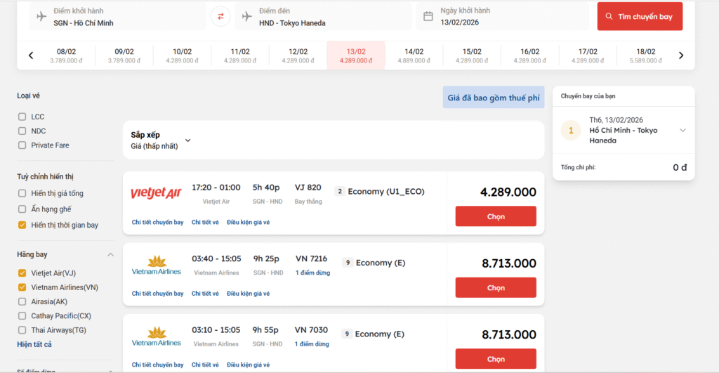 Giá vé máy bay ngày 26 Tết của chặn Quốc Tế từ Hồ Chí Minh tới Tokyo