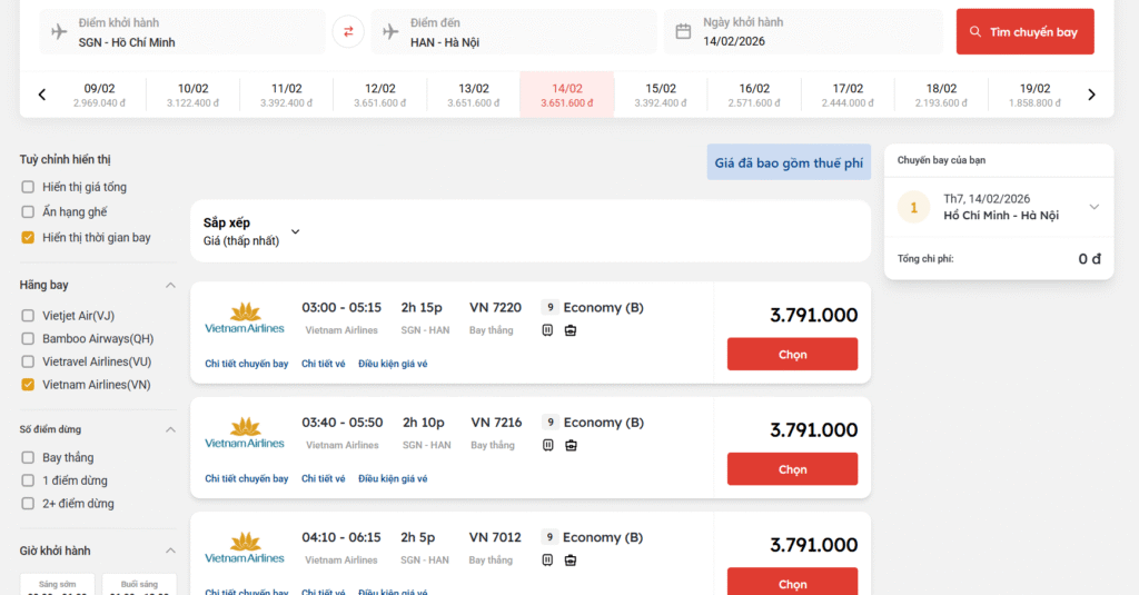 Vé máy bay ngày 27 tết: Giá vé Vietnam Airlines, Vietjet Air, Bambo Airways & Vietravel Airlines 1 Giá vé máy bay ngày 27 Tết của Vietnam Airline chặng Hồ Chí Minh đi Hà Nội