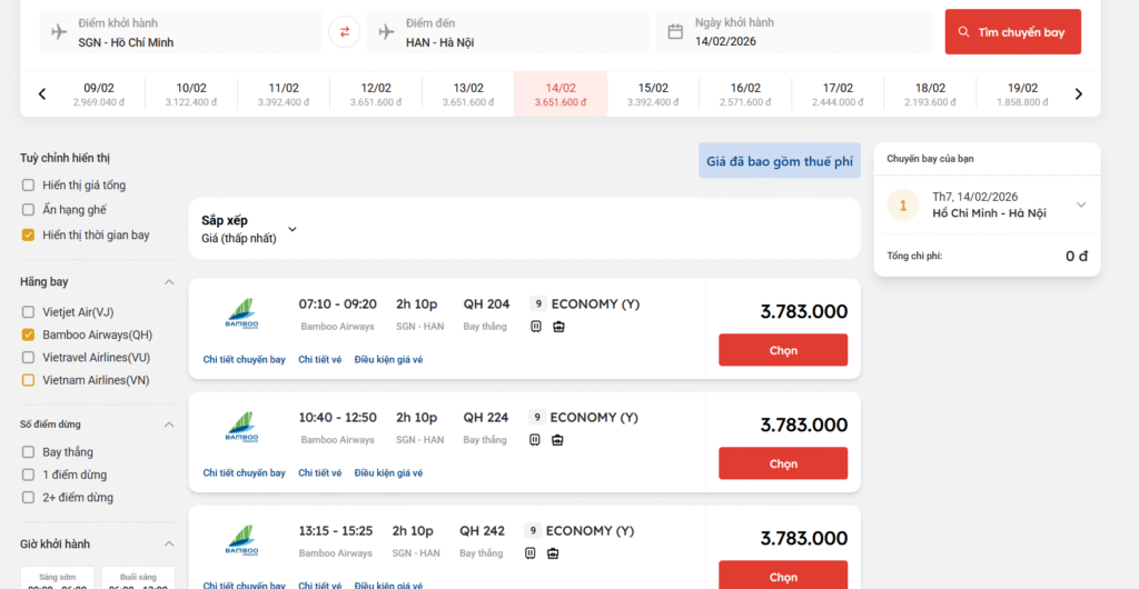 Vé máy bay ngày 27 tết: Giá vé Vietnam Airlines, Vietjet Air, Bambo Airways & Vietravel Airlines 3 Giá vé máy bay ngày 27 Tết của Bamboo Airways chặng Hồ Chí Minh đi Hà Nội