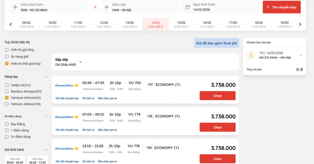 Vé máy bay ngày 27 tết: Giá vé Vietnam Airlines, Vietjet Air, Bambo Airways & Vietravel Airlines 4 Giá vé máy bay ngày 27 Tết của Vietravel Airlines chặng Hồ Chí Minh đi Hà Nội