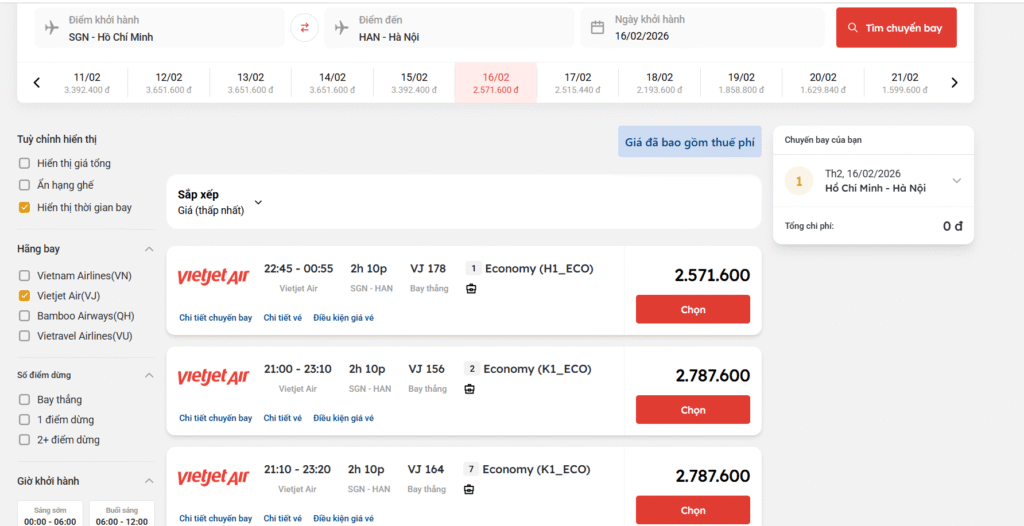 Vé máy bay ngày 29 Tết: Giá vé Vietnam Airlines, Vietjet Air, Bambo Airways & Vietravel Airlines 2 Giá vé máy bay ngày 29 Tết của Vietjet Air chặng Hồ Chí Minh đi Hà Nội