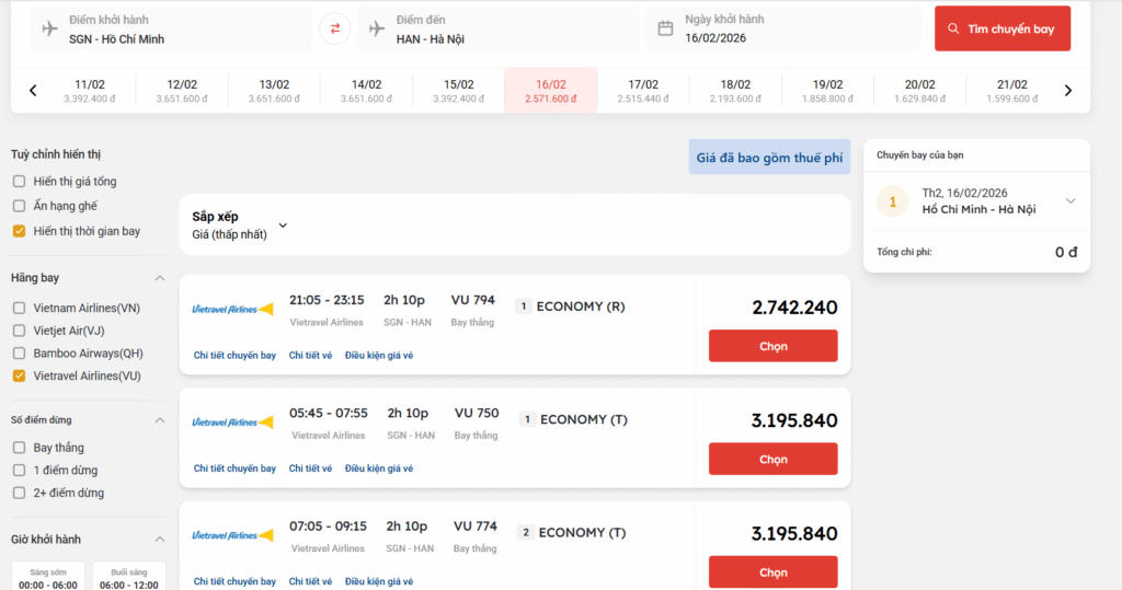 Vé máy bay ngày 29 Tết: Giá vé Vietnam Airlines, Vietjet Air, Bambo Airways & Vietravel Airlines 4 Giá vé máy bay ngày 29 Tết của Vietravel Airlines chặng Hồ Chí Minh đi Hà Nội