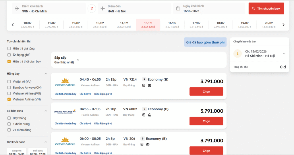 Giá vé máy bay ngày 28 Tết của Vietnam Airlines chặng Hồ Chí Minh đi Hà Nội