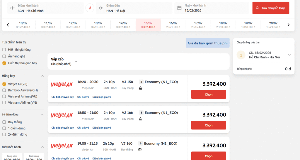 Giá vé máy bay ngày 28 Tết của Vietjet Air chặng Hồ Chí Minh đi Hà Nội