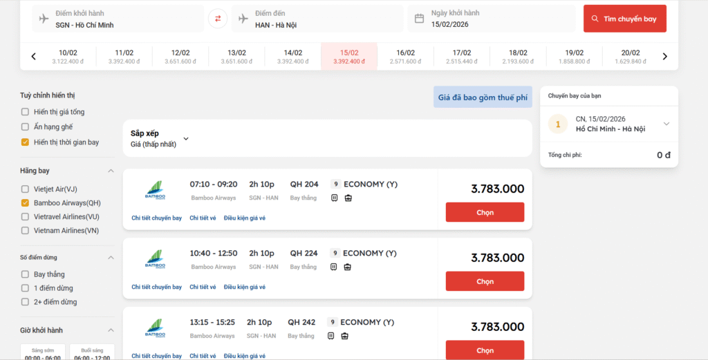 Giá vé máy bay ngày 28 Tết của Bamboo Airways chặng Hồ Chí Minh đi Hà Nội