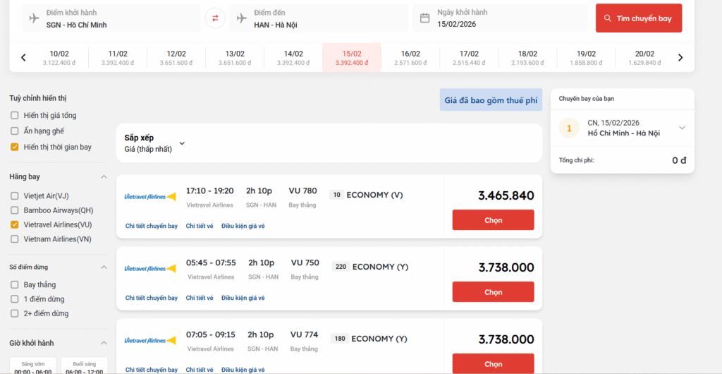 Giá vé máy bay ngày 28 Tết của Vietravel Airlines chặng Hồ Chí Minh đi Hà Nội