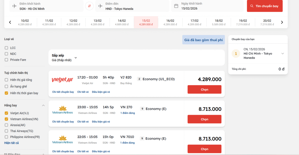 Giá vé máy bay ngày 28 Tết của chặng Quốc Tế từ Hồ Chí Minh đến Tokyo