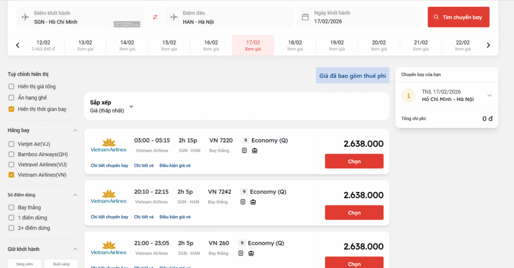 Giá vé máy bay ngày mùng 1 Tết của Vietnam Airlines chặng Hồ Chí Minh đi Hà Nội