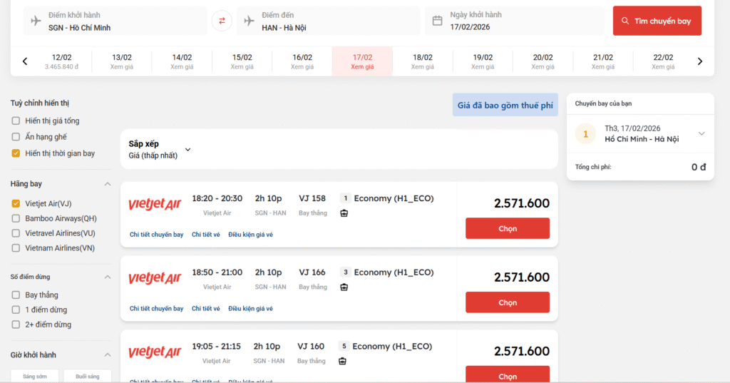 Giá vé máy bay ngày mùng 1 Tết của Vietjet Air chặng Hồ Chí Minh đi Hà Nội