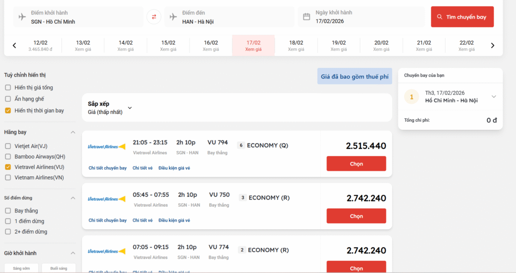 Giá vé máy bay ngày mùng 1 Tết của Vietravel Airlines chặng Hồ Chí Minh đi Hà Nội