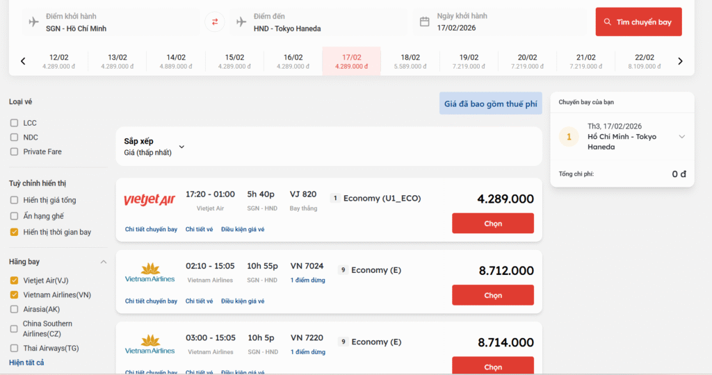 Giá vé máy bay ngày mùng 1 Tết của Chặng Quốc Tế từ Hồ Chí Minh đi Toykyo