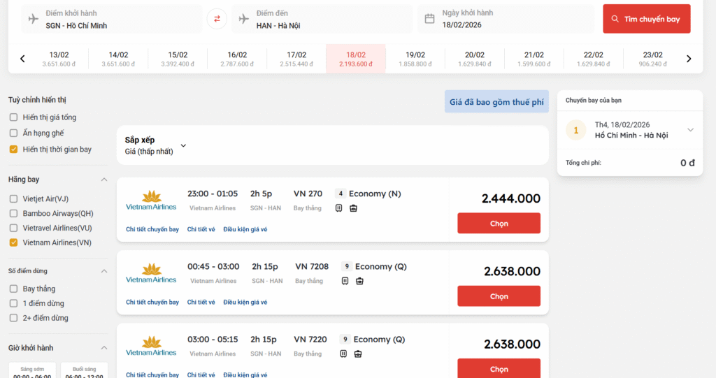 Giá vé máy bay ngày mùng 2 Tết của Vietnam Airlines chặng Hồ Chí Minh đi Hà Nội
