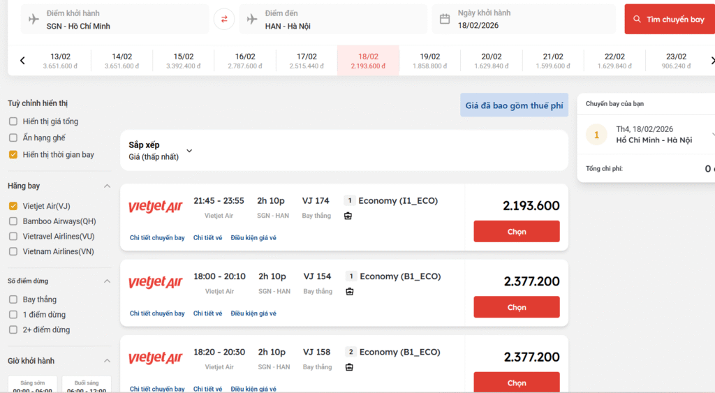 Giá vé máy bay ngày mùng 2 Tết của Vietjet Air chặng Hồ Chí Minh đi Hà Nội