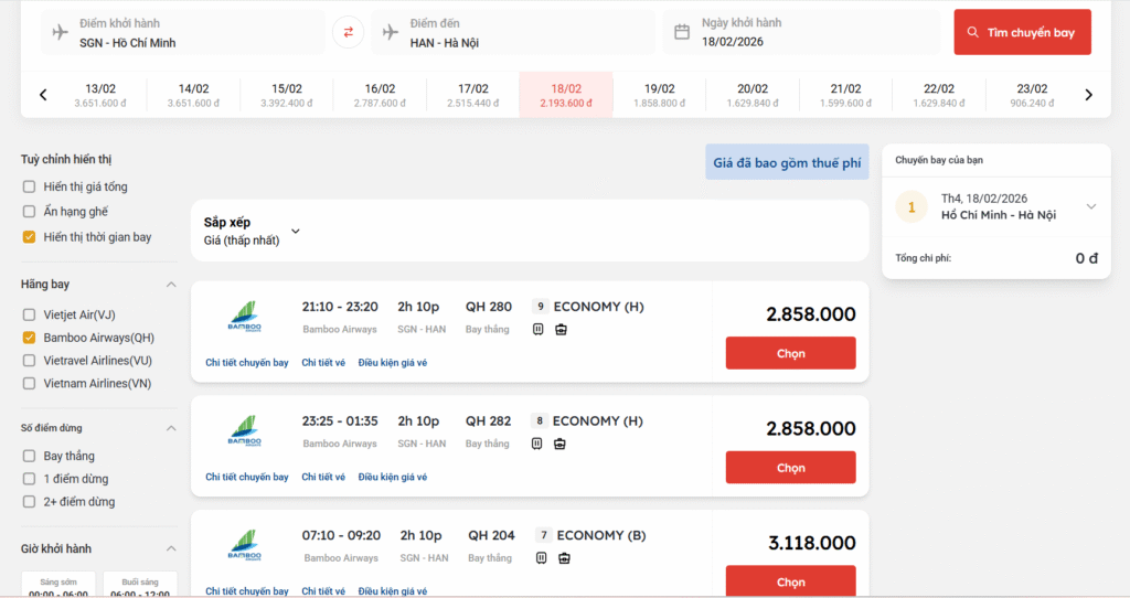 Giá vé máy bay ngày mùng 2 Tết của Bamboo Airways chặng Hồ Chí Minh đi Hà Nội