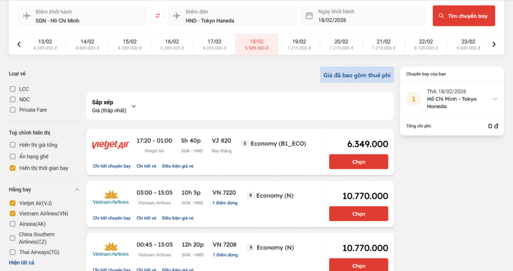 Giá vé máy bay ngày mùng 2 Tết của Chặng Quốc Tế từ Hồ Chí Minh đi Tokyo